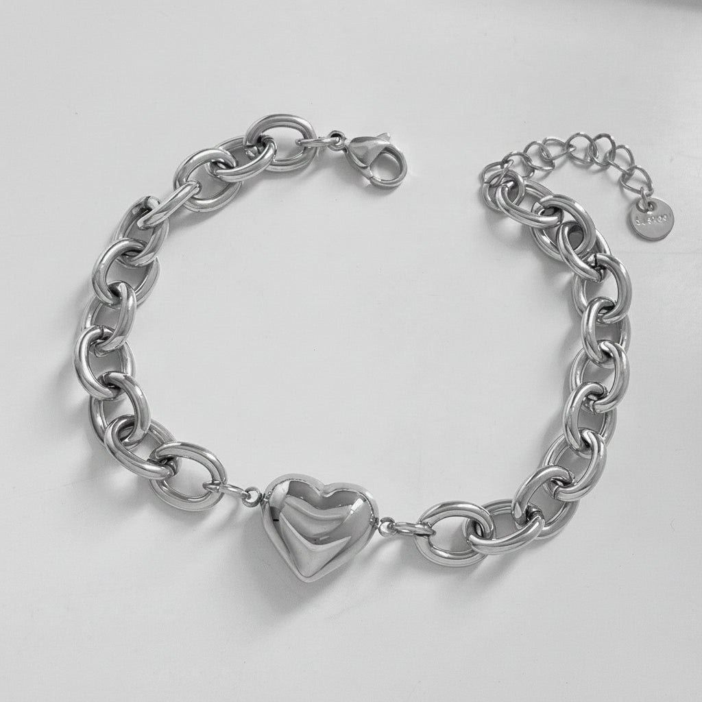 Silver Heart Charm Link Bracelet | Chunky Chain