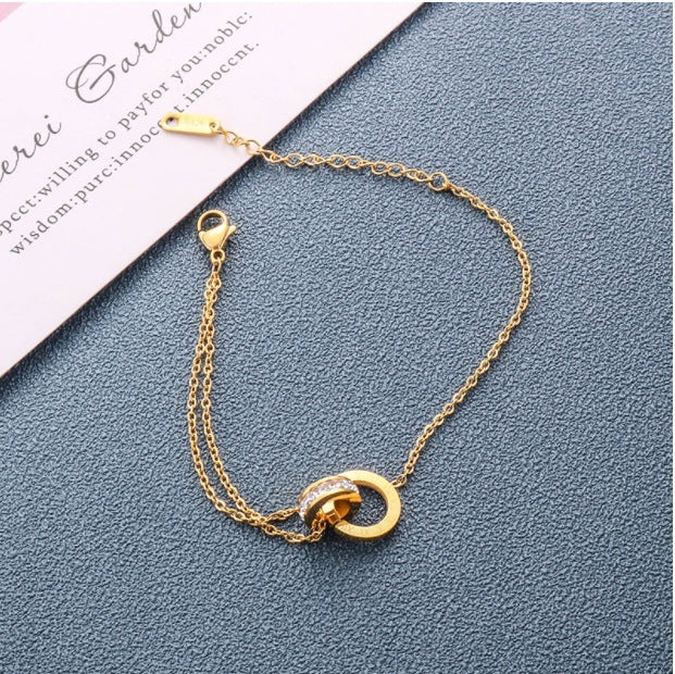 Gold Interlocking Rings Double Chain Bracelet