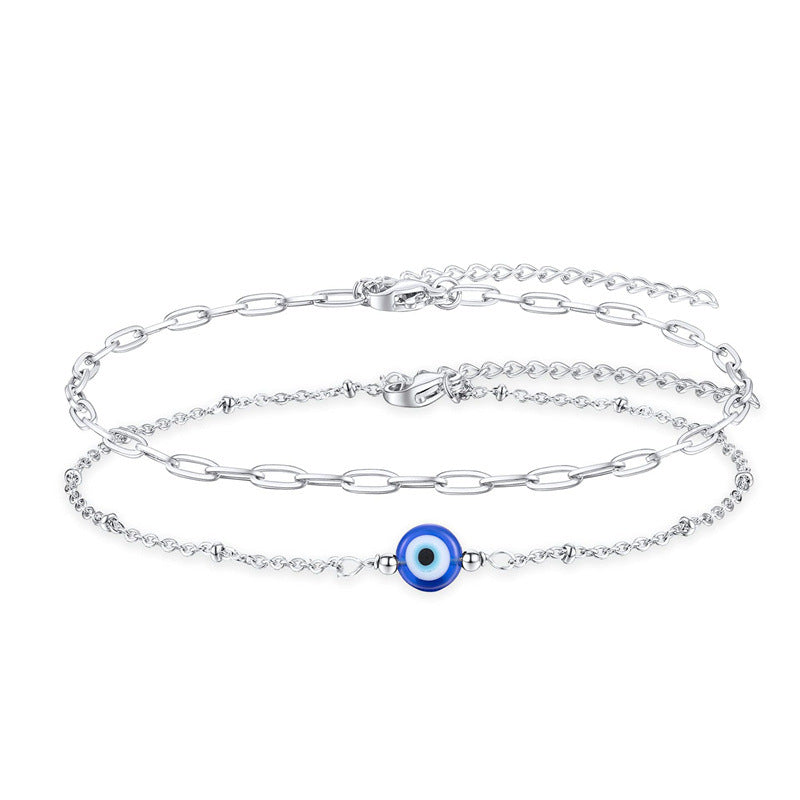 Layered Silver Evil Eye Anklet | Double Chain