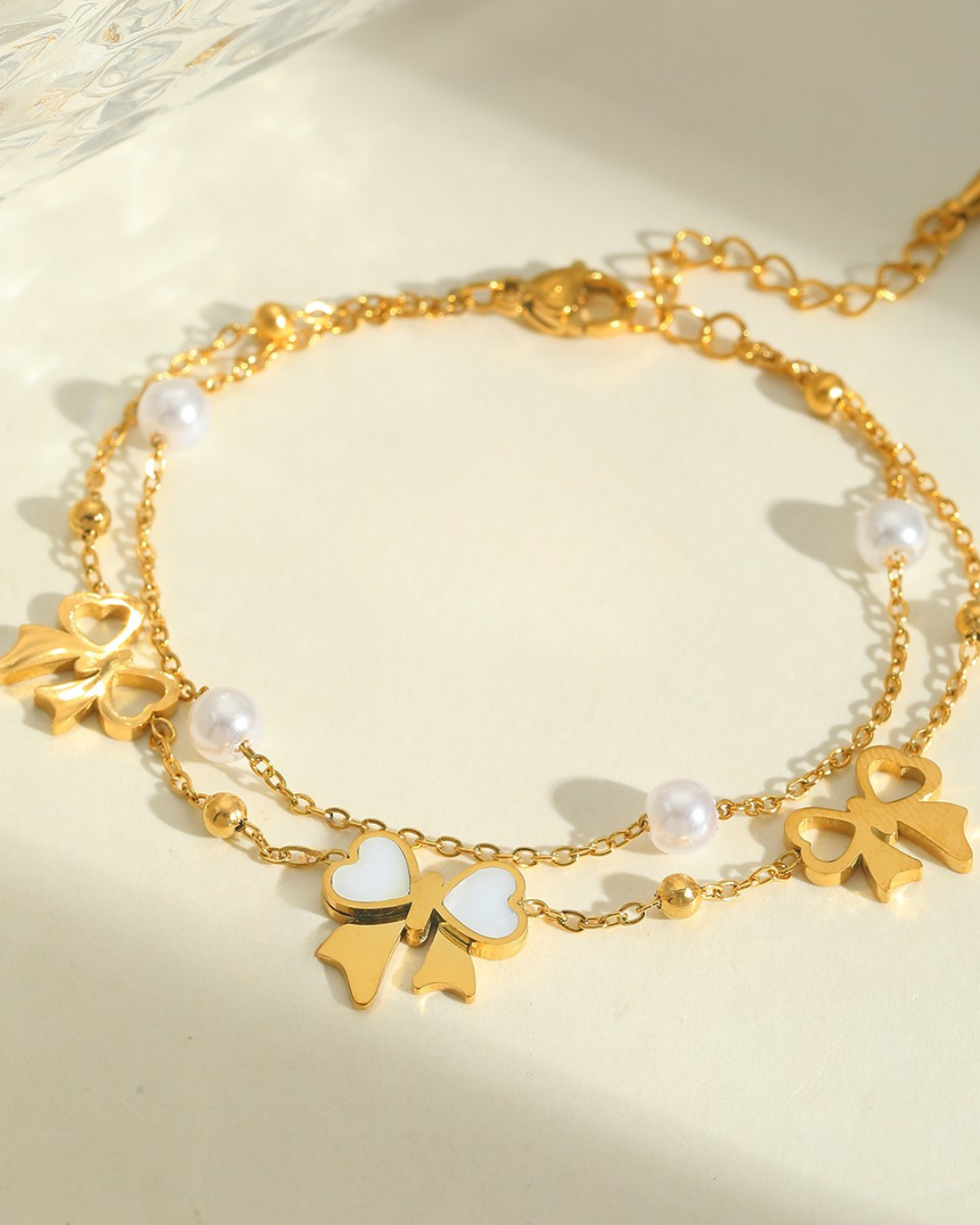 Gold Bow & Pearl Layered Bracelet