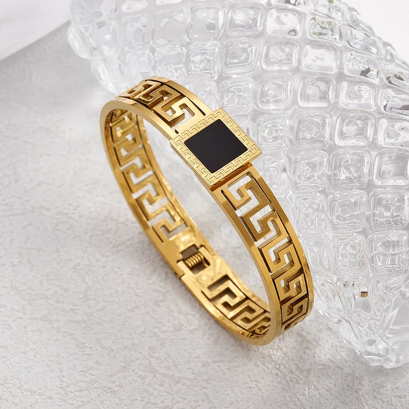 Greek Key Black Enamel Bangle | 18K Gold Plated