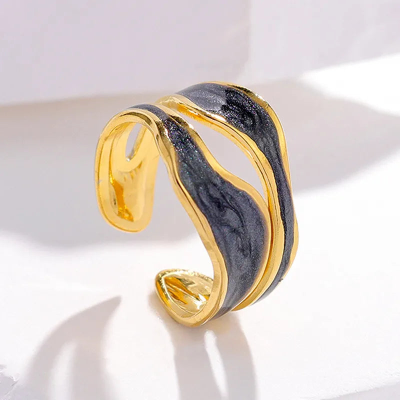 Black Enamel Adjustable Wave Ring
