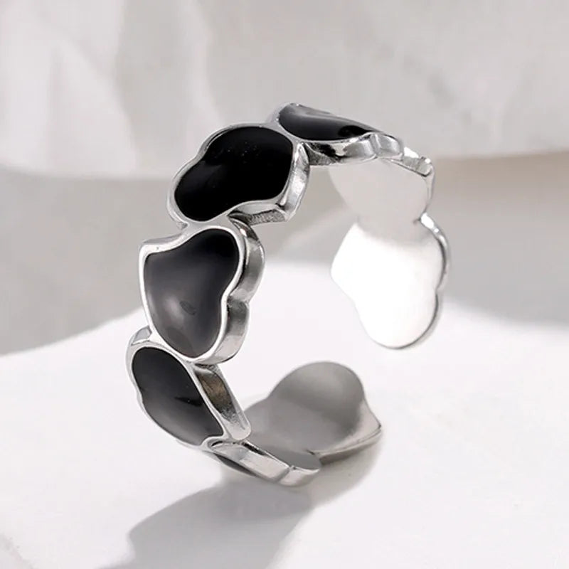 Silver Black Adjustable Enamel Rings