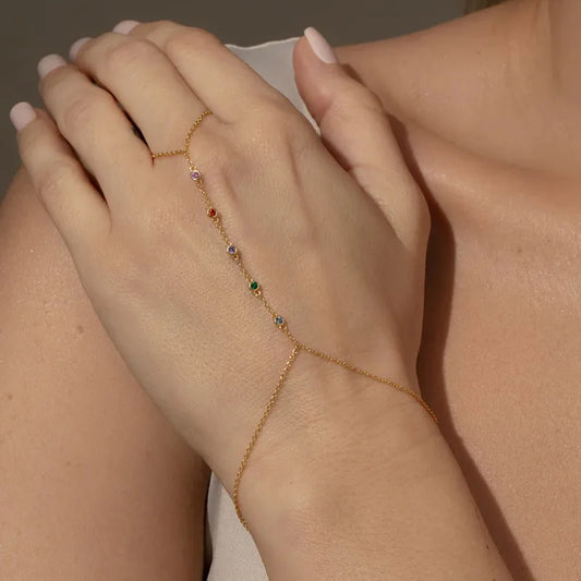 Multicolor Gem Hand Chain Bracelet with Ring