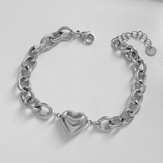 Silver Heart Charm Link Bracelet | Chunky Chain