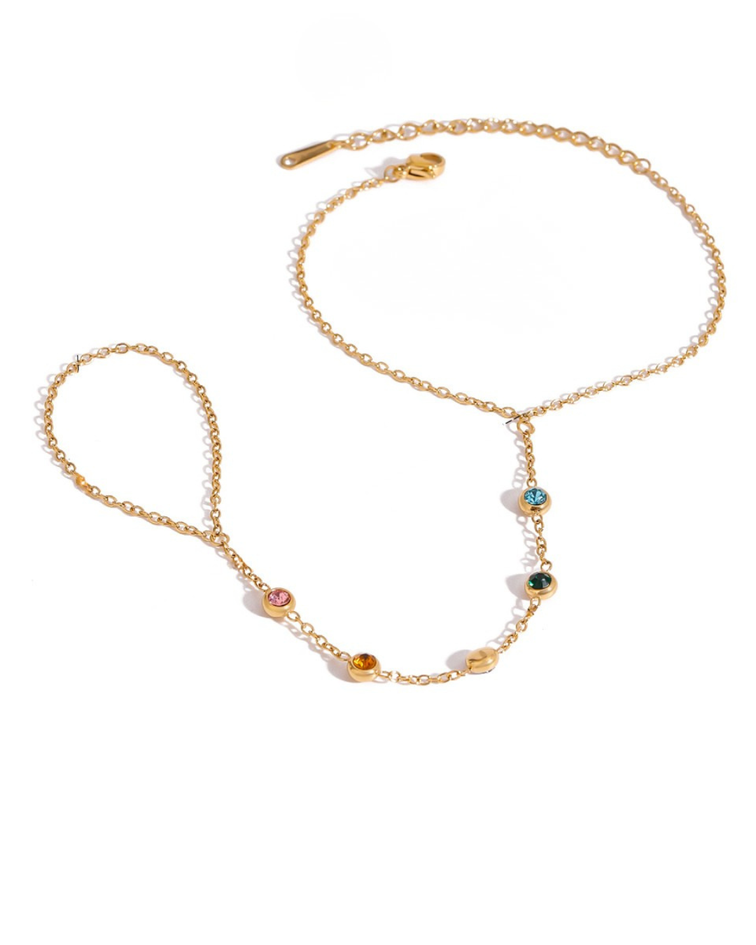 Multicolor Gem Hand Chain Bracelet with Ring