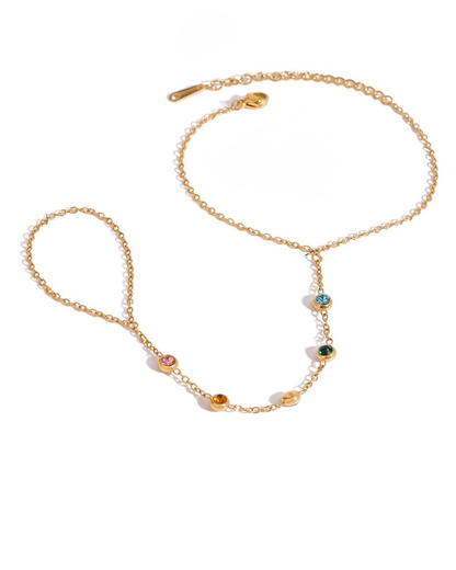 Multicolor Gem Hand Chain Bracelet with Ring