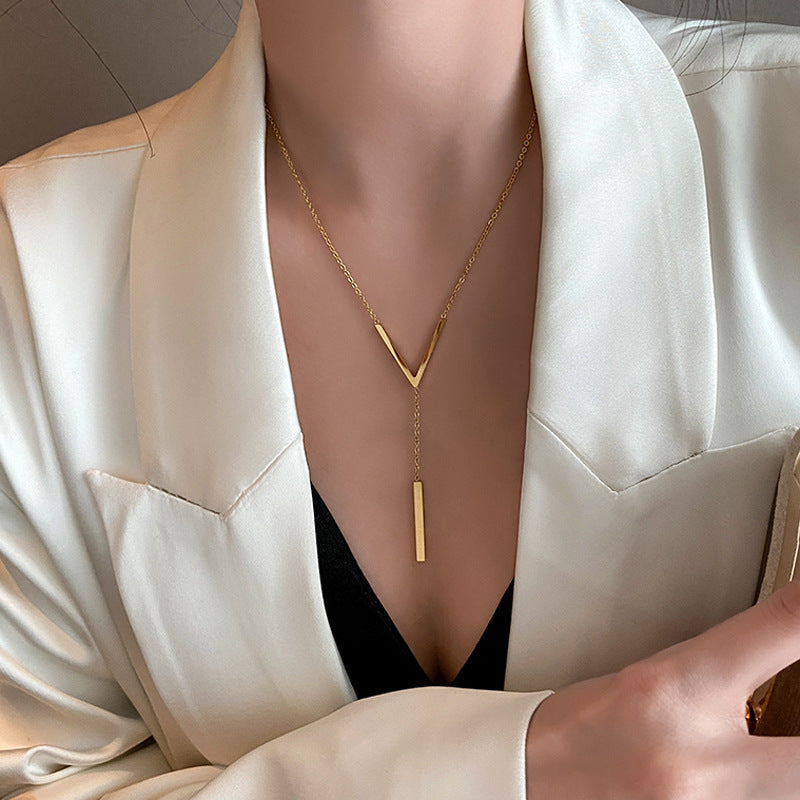 Gold Y-Bar Lariat Layered Necklace